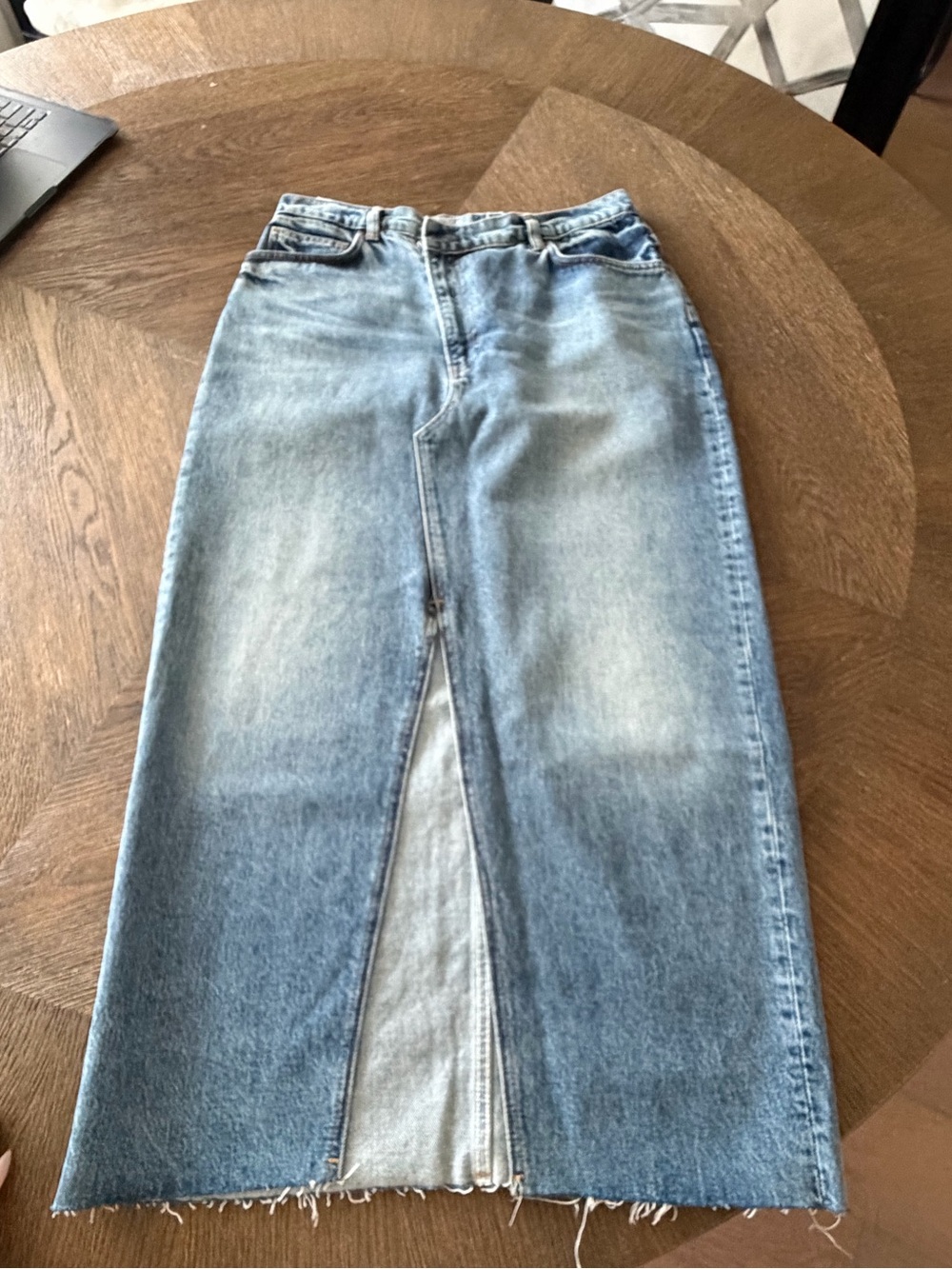 Reformation Light Blue Washed Denim Midi Skirt with Front Slit